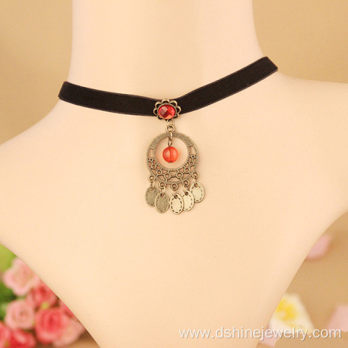 Black Velvet Neck Choker With Black Stone Pendant Necklace